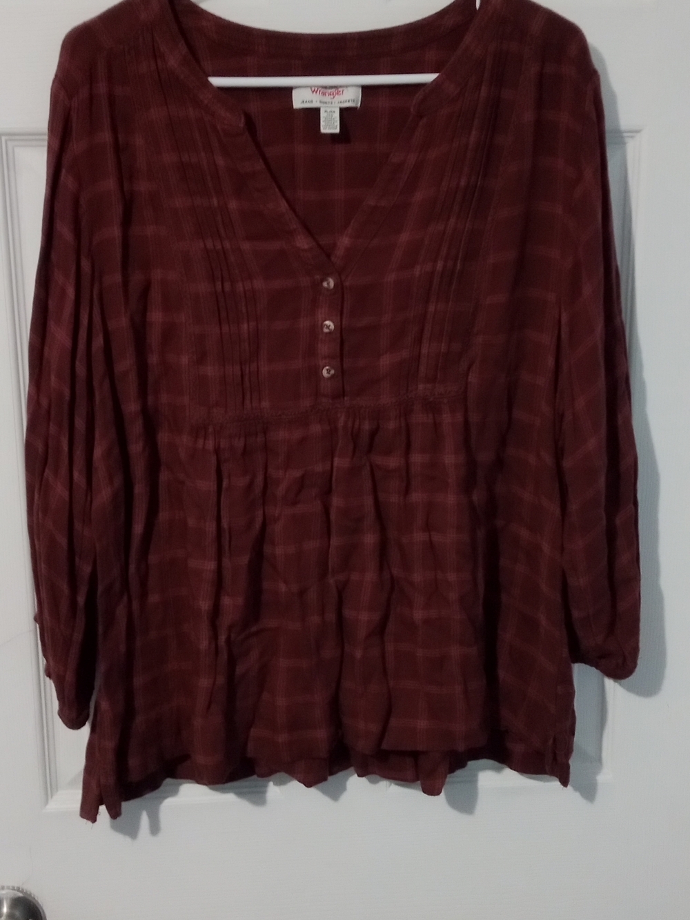 Wrangler Women's Burgundy Plaid Peasant Henley Tunic